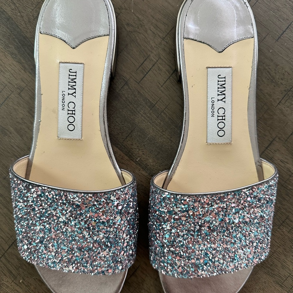 Jimmy Choo Silver and Pink Glitter Sandals